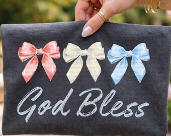 God Bless PNG | 4th of July Coquette Bow Clipart | Whimsy Retro Watercolor Coquette |  Red White Blue | Memorial Day | Digital Download