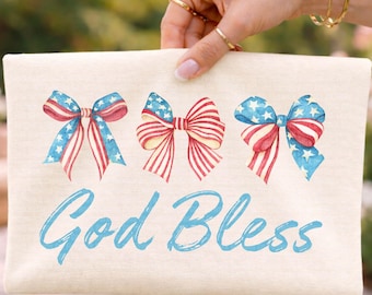 God Bless PNG | 4th of July Girly Coquette Bow Clipart | Retro Watercolor Coquette |  Red White Blue | Independence Day | Digital Download