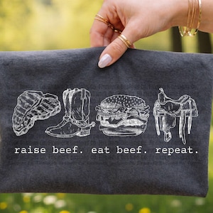 May include: Dark gray fabric pouch with a white illustration of a steak, cowboy boot, burger, and saddle. The text "raise beef. eat beef. repeat." is printed below the illustrations. The pouch is held by a person.