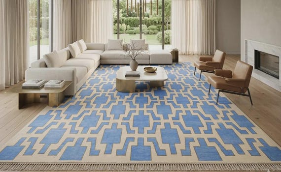 Oushak Nordic Knots Rug Dupe | Blue Oushak Rug, Blue Wool and Cotton Rug, Antique Contemporary Style, Modern Geometric Trellis