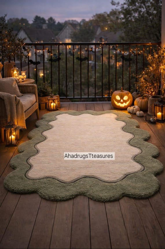 Hand-Tufted Wool Area Rug - Green Irregular Shape, Unique style home decor rugs