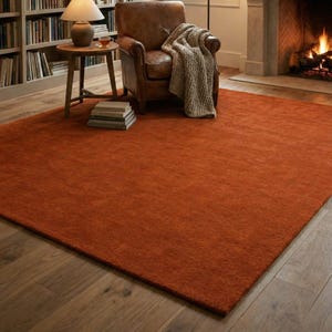May include: A large, rectangular, rust-colored rug dominates the foreground. The rug is placed on a hardwood floor. In the background, a leather armchair, a small wooden table with a lamp, and a bookshelf filled with books are visible.