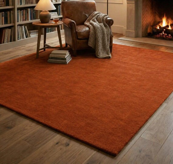 Hand Tufted New Zealand Wool Rug | Solid Rust Contemporary Carpet, Nordic Style Home Decor