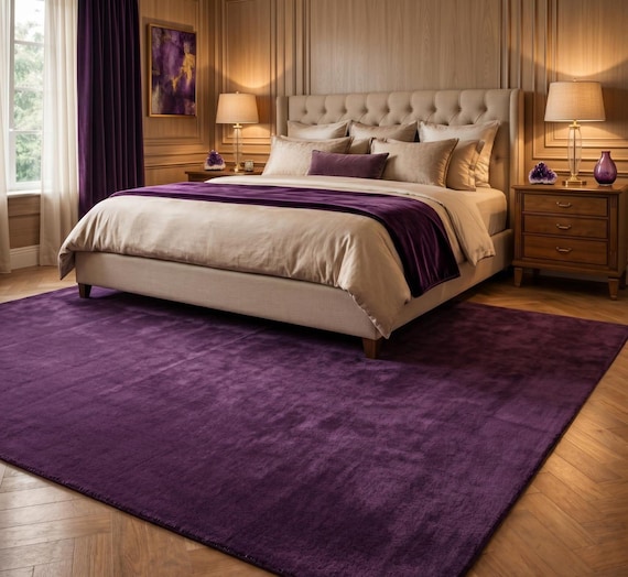 Deep Purple New Zealand Wool Rug, Hand Tufted Nordic Knots Plum Wool Rug