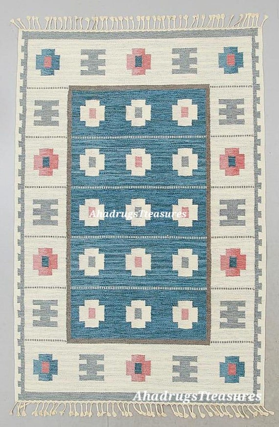 Handwoven Blue Kilim Wool Rug | Tribal Geometric Flatweave