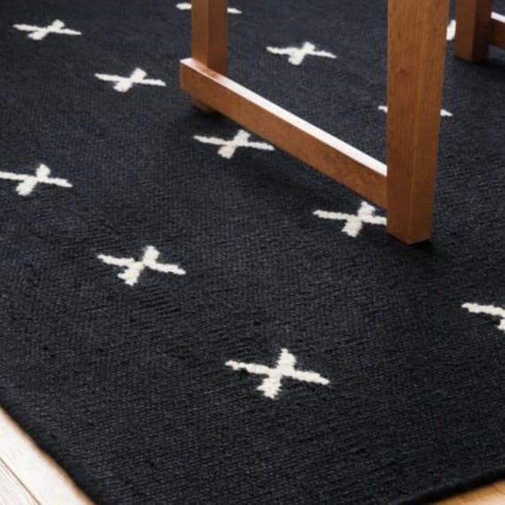 Black Swiss Cross Kilim Rug | Minimalist Scandinavian Flatweave Area Rug