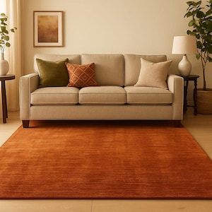 Hand Tufted Burnt Orange Wool Rug | Solid Rust Contemporary Carpet, Nordic knots