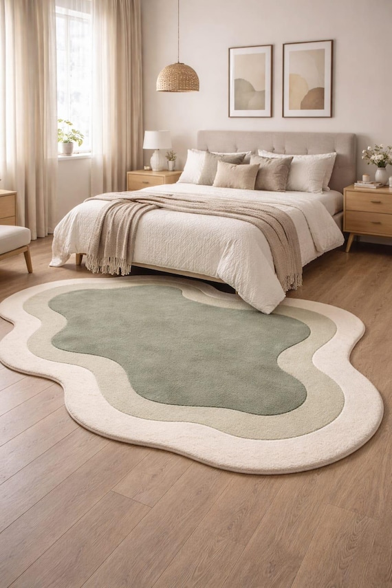 Hand-Tufted Wool Area Rug - Green and Pink Colors Irregular Shape, rug for living room
