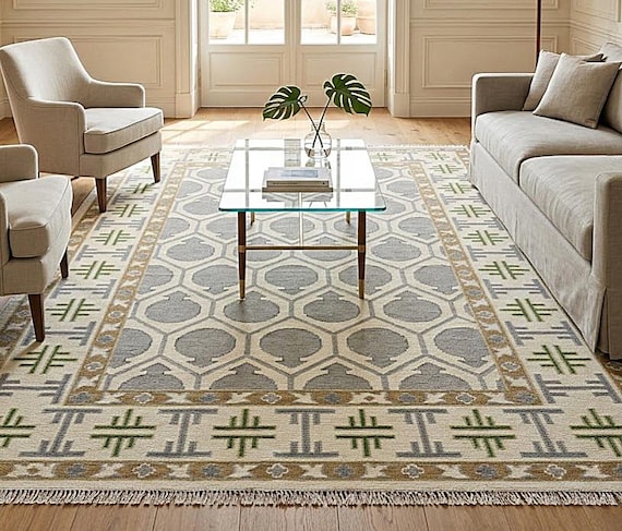 Gray Oushak Wool Rug, Hand-Knotted Turkish Area, Living Room Dining