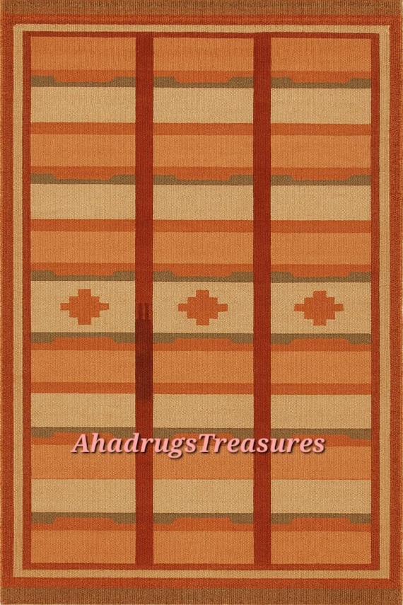Handwoven Kilim Wool Rug | Orange Geometric, Southwestern Style