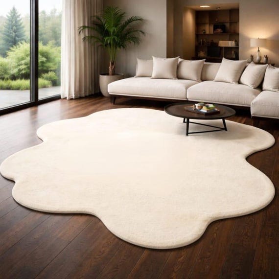 Off White Irregular Amoeba Rug, Hand Tufted New Zealand Wool Area Rug 8x12, Modern European Living Room Decor, Unique Designer Statement Rug