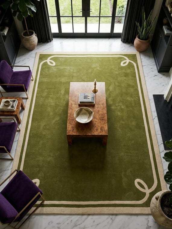 Grand Milano Loop Green With Border  Hand Tufted Wool Rug | Scandinavian Living Room Decor | Nordic Knots Style