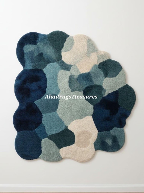 Hand-Tufted Wool Area Rug - Blue Abstract Pebble Design, Unique Shape