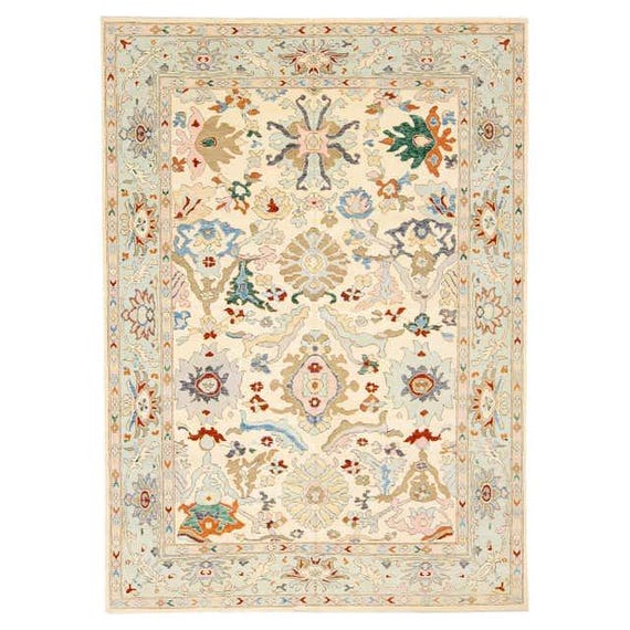 Hand Knotted Indo Oushak Rug, Cream Green Wool Cotton Rug