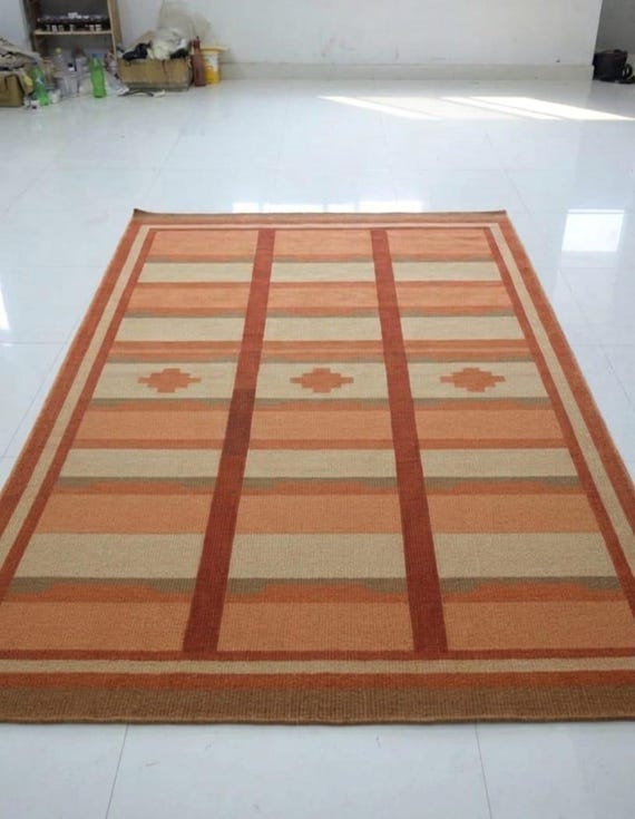 Handwoven Kilim Wool Rug | Orange Geometric, Southwestern Style