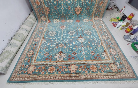 Hand Knotted Wool Oushak Rug: Blue Bohemian Farmhouse Golden Carpet