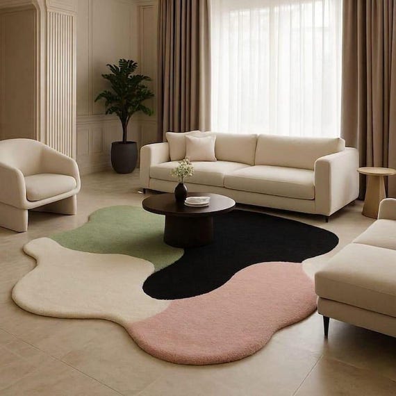 Hand-Tufted Wool Area Rug - Green and Pink Colors Irregular Shape, rug for living room