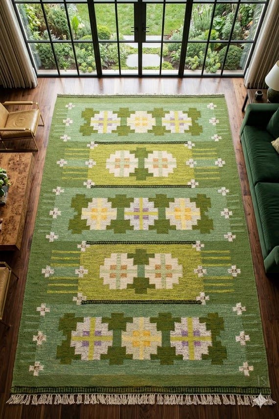 Olive Green Kilim Rug | Handwoven  Kilim Wool Rug |Floral Kilim Rug Decor | Custom Size Wool Kilim