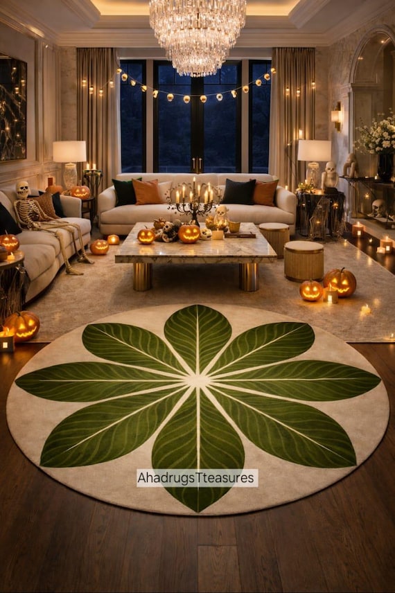 Hand-Tufted Wool Area Rug - Green Abstract, Round Floral Shape Dormat