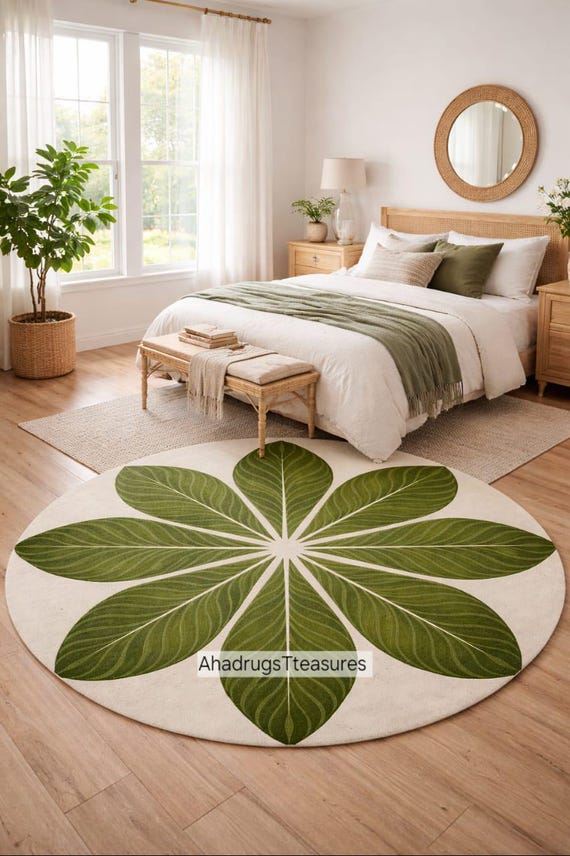 Hand-Tufted Wool Area Rug - Green Abstract Pebble Design, Unique Shape