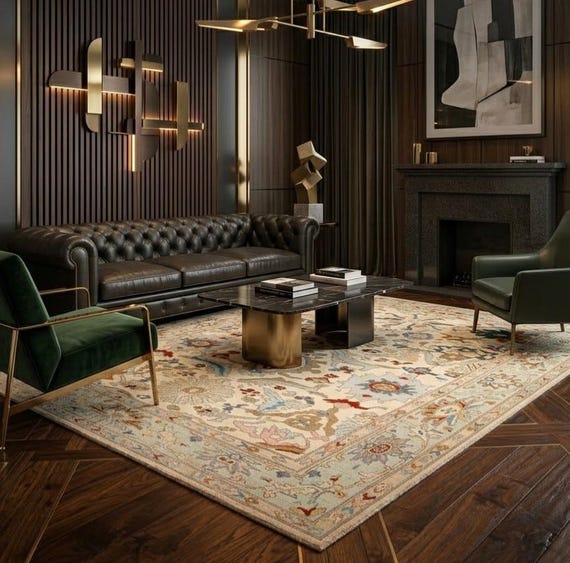 Hand Knotted Indo Oushak Rug, Cream Green Wool Cotton Rug