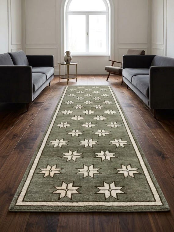 Hand-Knotted Scandinavian Runner Rug | Geometric Star Pattern, Minimalist Hallway Entryway Kitchen Rug