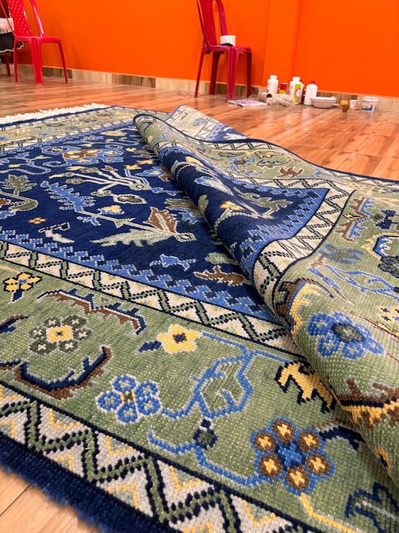 Hand Knotted Oushak Rug: Blue Green Wool Bohemian Farmhouse Carpet (8x12)