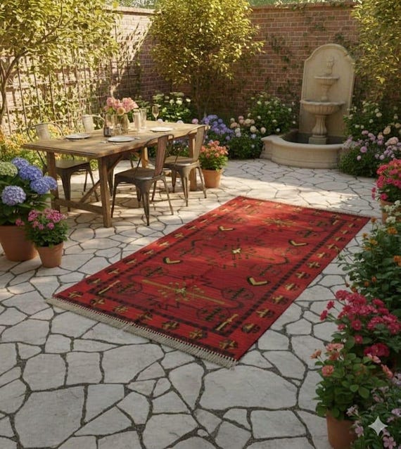 Handwoven Wool Kilim Rug | Tribal Geometric Flatweave, Blue & Red