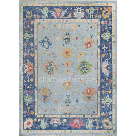 Handmade Wool Oushak Rug | Light Blue Floral Turkish Carpet (6x9)