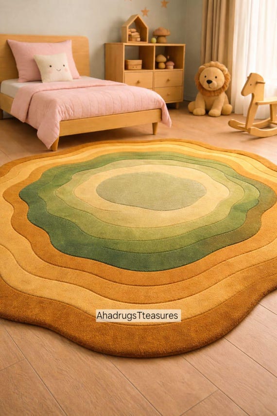 Hand-Tufted Wool Area Rug - Green Abstract, Round Floral Shape Dormat