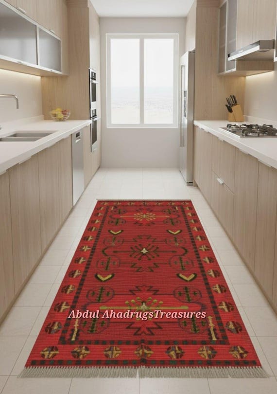 Handwoven Wool Kilim Rug | Tribal Geometric Flatweave, Blue & Red