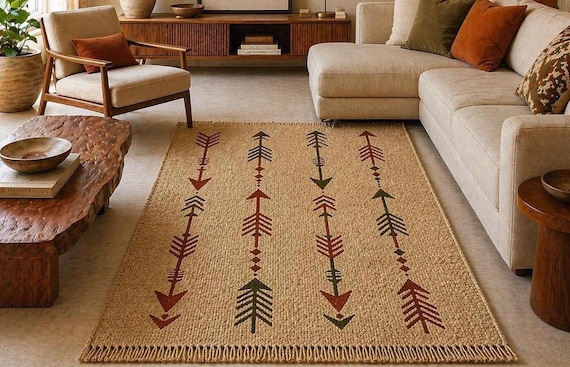 Handwoven Jute Rug with Arrow Design | Natural Fiber Boho Tribal Floor Mat
