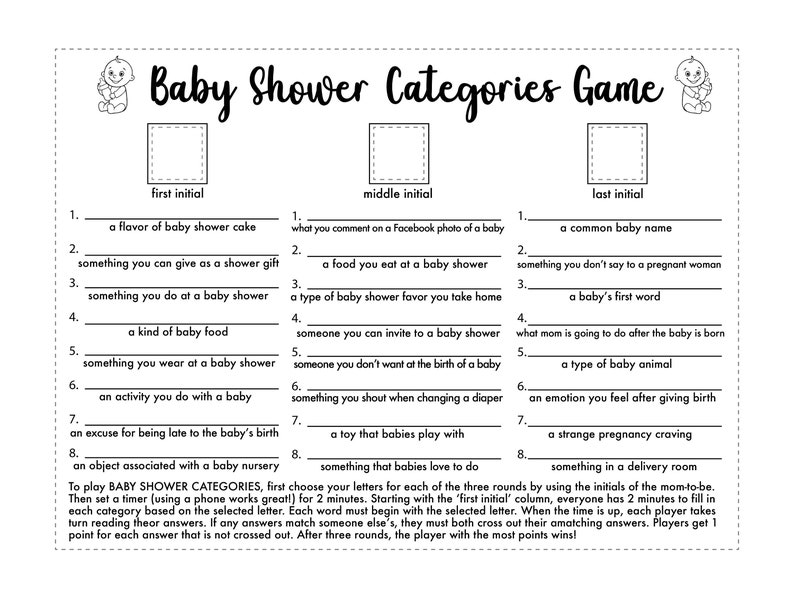 Download and Print - Baby Shower Categories Game - Etsy