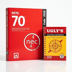 May include: A red NFPA 70 National Electrical Code 2026 book next to a yellow spiral-bound Ugly's Electrical References 2026 edition book. The red book features white text and a circular nec logo. The yellow book displays a circular electrical formula chart.