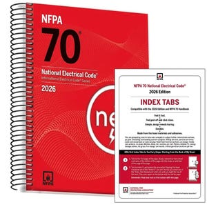 May include: A red spiral-bound NFPA 70 National Electrical Code 2026 book alongside a white instructional card for index tabs. The card features the text NFPA 70 National Electrical Code 2026 Edition Index Tabs and includes step-by-step instructions.