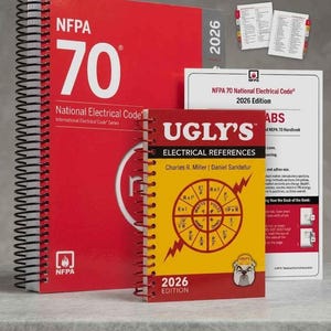 May include: A spiral-bound NFPA 70 National Electrical Code 2026 book, a smaller spiral-bound Ugly's Electrical References 2026 book with a yellow cover, and a white instructional sheet with colored index tabs for the NFPA 70 handbook.