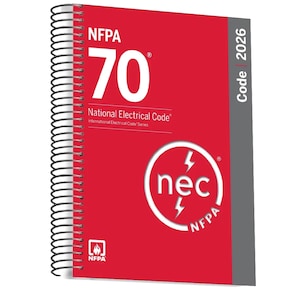 May include: A red spiral-bound book titled NFPA 70 National Electrical Code 2026. The cover features large white text, a circular logo with the letters nec and lightning bolts, and the NFPA flame logo in the bottom left corner on a red background.