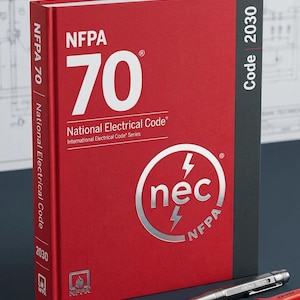 May include: A red and black hardcover book titled NFPA 70 National Electrical Code 2030. The cover features white text, a silver circular nec logo with lightning bolts, and the NFPA logo. A silver voltage tester and pliers are placed nearby.