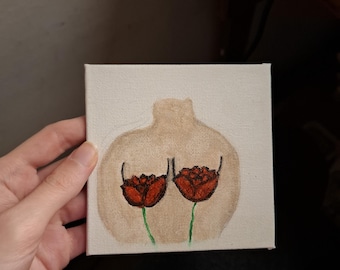 Peinture originale florale abstraite de corps de femme sur la mini toile, décoration de mur de chambre, amour de soi, s'aimer, peinture acrylique, cadeau pour elle, roses