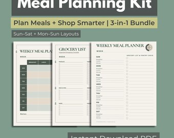 May include: A meal planning kit with the text "Meal Planning Kit" at the top. The kit includes a weekly meal planner, a grocery list, and a 3-in-1 bundle. The layouts are for Sun-Sat and Mon-Sun. The words "Instant Download PDF" are at the bottom.