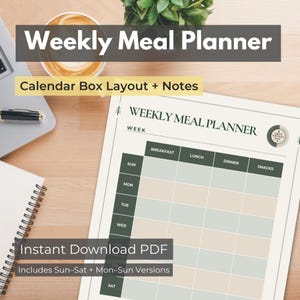 Puede incluir: Un planificador de comidas semanal con un diseño de caja de calendario. El planificador incluye secciones para el desayuno, el almuerzo, la cena y los refrigerios, con espacio para cada día de la semana. El texto "Weekly Meal Planner" está en la parte superior.