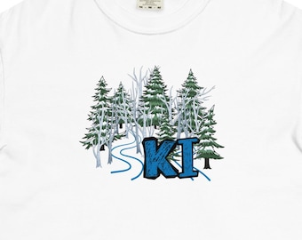 Camiseta de manga corta de peso pesado Ski Trees