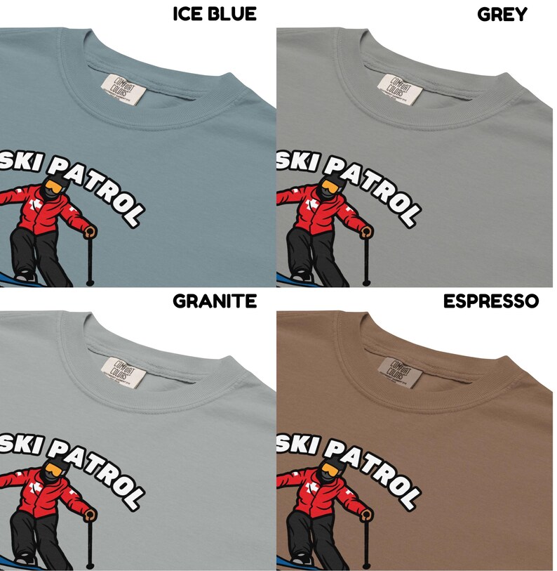 May include: Four t-shirts in ice blue, grey, granite, and espresso colors. Each shirt features the text "SKI PATROL" above a graphic of a skier in a red jacket and black pants.