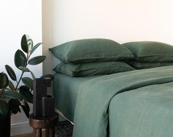 Taiga Green Linen Sheet Set Full Size | European Flax Bedding