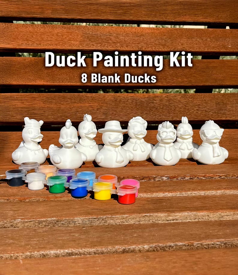 May include: A Duck Painting Kit with eight blank white duck figurines, each with a unique design. The kit includes small paint pots in various colors. Text on the image reads "Duck Painting Kit" and "8 Blank Ducks".