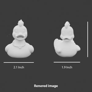 May include: Two white duck figurines, one facing forward and the other sideways. The forward-facing duck is 2.6 inches tall and 2.1 inches wide. The sideways duck is 2.5 inches tall and 1.9 inches wide. The text "Rendered image" is at the bottom.