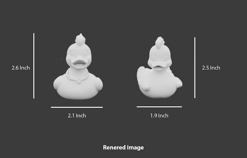 May include: Two white duck figurines, one facing forward and the other sideways. The forward-facing duck is 2.6 inches tall and 2.1 inches wide. The sideways duck is 2.5 inches tall and 1.9 inches wide. The text "Rendered image" is at the bottom.