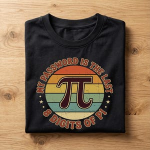 May include: Black t-shirt with a retro design featuring a Pi symbol and the text "MY PASSWORD IS THE LAST 8 DIGITS OF PI" in a circular design with orange, yellow, and green stripes. The shirt is folded on a wooden surface.