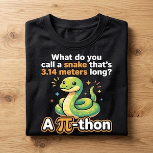 May include: Black t-shirt with a cartoon snake design. The design includes the text "What do you call a snake that's 3.14 meters long? A π-thon". The snake is green with pi symbols.