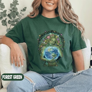 Mother Earth Goddess T-Shirt, Nature Spirit Holding Globe Tee, Eco Friendly Gaia Art, Environmental Awareness Gift, Boho Nature Shirt